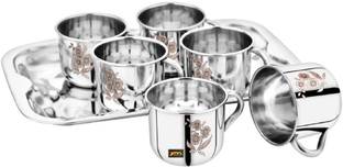 YM Stainless Steel Tea & Coffee Cup, Plate, Tray Serving Set