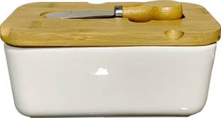 Lemon Tree Ceramic Butter Dish with Wooden Top Cover and Knife, Butter Dish Butter Dish Serving Set