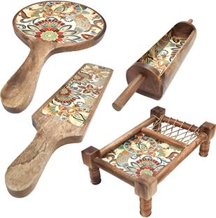 KARFE Wooden Serving Trays and Platters with Desi Khat Design, Pizza Serving Platter Tray Serving Set