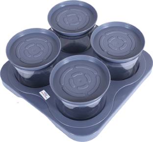 Heart Home 4 Containers & Tray Set|Unbreakable Plastic Serving Tray|350 ml (Gray) Container Serving Set
