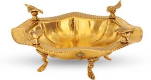 IndianArtVilla Leaf Design Round Shape Tray 13.5"x4.9" With 4 Designer Standing Legs Tray Serving Set