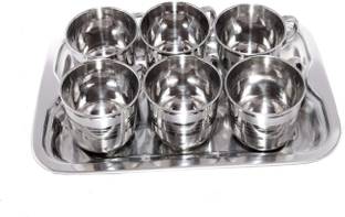Yes kitchen Deluxe Stainless Steel Tea and Coffee Cups 100 ml with Serving Tray - Set of 6 Cup, Tray Serving Set