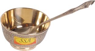 Shivshakti Arts Brass Mixing Bowl Handmade Pure Brass Embossed Flower Design Katori Bowl With Spoon Serving Indian Home Food Homeware::Set Of 1