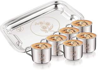 Yes kitchen Royal Deluxe Laser Design Stainless Steel Tea and Coffee Cup 140ml Tray Set of 7 Cup, Tray Serving Set