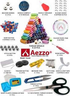 Aezzo Sewing Kit Double Layer Multipurpose Tailoring Sewing Kit Box with all Accessories like 300 Meter Thread Spool, Needle Compact, Thread Cutter, Measure Tape, Dress & Trouser Hook, Bobbins, Shirt Buttons, Seam Ripper, Scissor, Pearl Pin etc. with Heavy, Durable and Flexible Transparent Plastic Sewing Kit Box. Sewing Kit