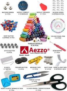 Aezzo Sewing Kit Double Layer Multipurpose Tailoring Sewing Kit Box with all Accessories like 300 Meter Thread Spool, Needle Compact, Thread Cutter, Measure Tape, Dress & Trouser Hook, Bobbins, Shirt Buttons, Seam Ripper, Scissor, Pearl Pin etc. with Heavy, Durable and Flexible Transparent Plastic Sewing Kit Box. Sewing Kit