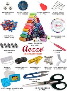 अइज़्ज़ो Sewing Kit Double Layer Multipurpose Tailoring Sewing Kit Box with all Accessories like 300 Meter Thread Spool, Needle Compact, Thread Cutter, Measure Tape, Dress & Trouser Hook, Bobbins, Shirt Buttons, Seam Ripper, Scissor, Pearl Pin etc. with Heavy, Durable and Flexible Transparent Plastic Sewing Kit Box. सिलाई किट