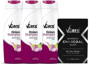 Vcare Onion Shampoo Pack of 3 + Free Bamboo Charcoal Soap 100g | Hair & Skin Combo