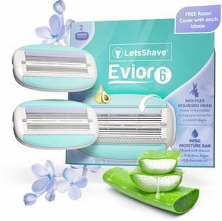 LetsShave Evior 6 Blade Shaving Razor System for Women with Brush Fingers – Moisturising Band + Razor Cap (Pack of 2 Blades)