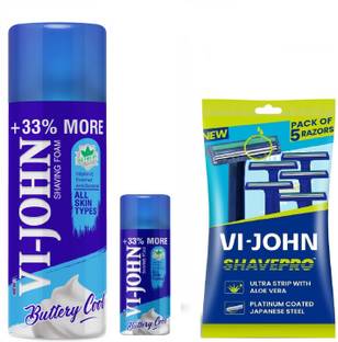 VI-JOHN SHAVING FOAM ALL SKIN TYPE (400 + 50 GM) + RAZOR (3 ITEMS IN COMBO KIT)