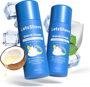 LetsShave Shave Foam Sensitive Skin Protection with Coconut Oil and Menthol, | Rust-Proof Aluminium Bottle - 200 gm Each, Pack of 2