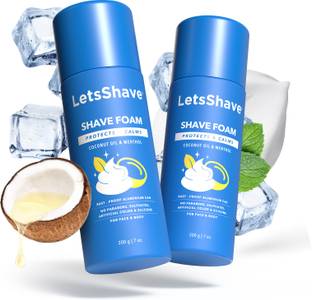 LetsShave Shave Foam Sensitive Skin Protection with Coconut Oil and Menthol, | Rust-Proof Aluminium Bottle - 200 gm Each, Pack of 2