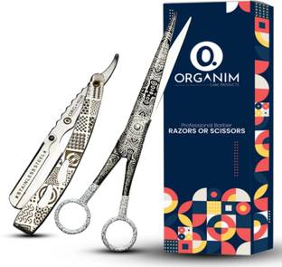 Organim care products Stainless Steel Straight Razor With Classic Hair Cutting Scissor Combo, Men & Women