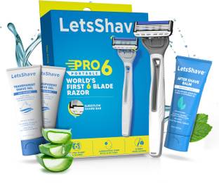 LetsShave Pro 6 Portable Starter Kit,World's 1st 6-Blade Disposable Razor,Shave Gel & Balm, Men