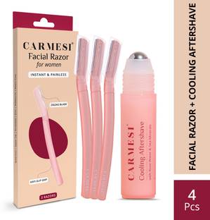 Carmesi Smooth Shave Essentials for Women - 3 Face Razors & 1 Cooling Aftershave Roll On, Women