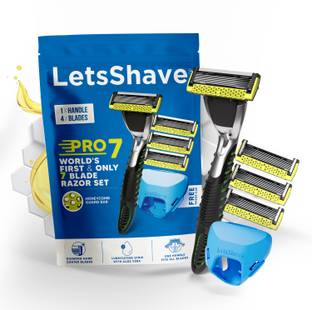 LetsShave Pro 7 Max Shaving Razor Value Set for Men| 4 Blades & 1 Handle with Cap, Men