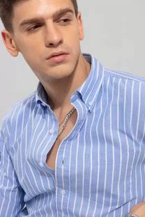 RODEIZ Men Striped Casual Blue Shirt
