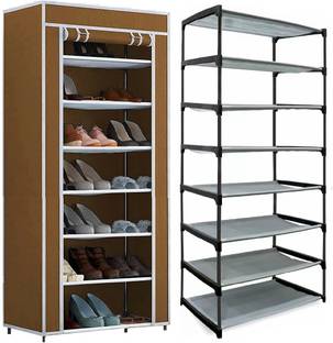 EXPOSURE House Hold Multipurpose 7 Layer Collapsible shoe rack Brown Metal Collapsible Shoe Stand