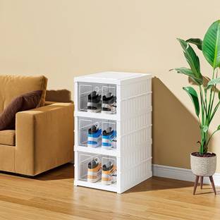 KUBER INDUSTRIES 3 Layer Shoe Box for Storage|Installation Free Shoe Organizer|White| Plastic Shoe Rack