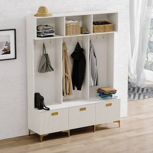 NG Decor Hall Tree with Bench White Shoe Storage with 9 Hooks & 3 Doors & Open Storage Engineered Wood Shoe Rack