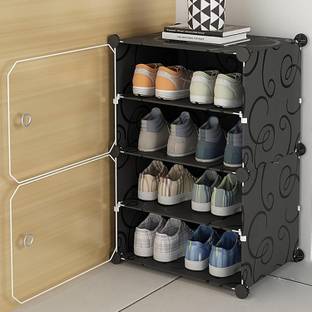KriShyam ® Shoe Rack Organizer 8 Pair Tower 4 Shelve 2 Door Portable Shoe Storage Rack PP Collapsible Wardrobe