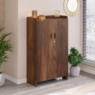 BLUEWUD Brooklyn Tall Shoe Cabinet Slipper Footwear Stand Organizer with Lock Engineered Wood Shoe Rack