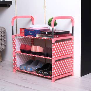 VIKNORT VIKNORT 3-Shelves Polka Pink Metal Shoestand Metal, Plastic Collapsible Shoe Stand