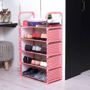 VIKNORT VIKNORT 5-Shelves Polka Pink Metal Shoestand Metal, Plastic Collapsible Shoe Stand