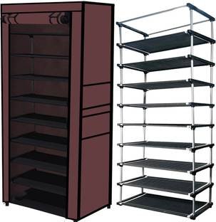 QURACK Multipurpose 9 Tiers Shoe Rack with Zip Door Cover&Side Pockets,Multiuse Storage Plastic Shoe Stand