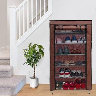 KOnline Metal 6 Tier Rack Shoe/Clothes/book stand Rack with cover -Brown Metal Collapsible Shoe Stand