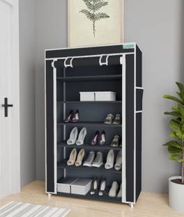 FLIPZON Iron and Fabric Multi-Purpose Shoe Rack, 6 Shelf, Black Metal Shoe Stand