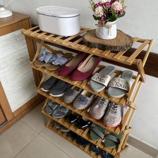 Livzing 5-Tier Foldable Bamboo Wooden Shoe Racks-Wooden Shoe Racks-Chappal Stand Bamboo Collapsible Shoe Stand