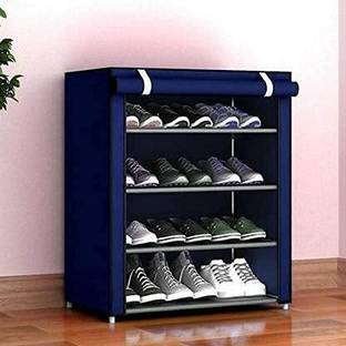 Hexzone Multipurpose 4-Tiers Shoe Rack with Dustproof Blue Plastic Collapsible Shoe Stand