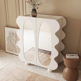 NG Decor Modern White 15-Pairs Shoe Storage Wave Design Mirror Shoe Cabinet Ample Storage Engineered Wood Shoe Rack