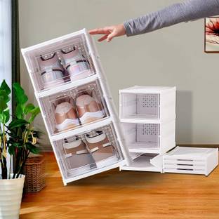 HomeCloud Shoe Organizer Storage Box Stackable - Set of 3-Tier Plastic Shoe Rack