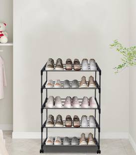 Philoshop Space-Saving 5-Tier Metal Open Shoe Rack With Wheels Metal Collapsible Shoe Stand