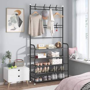 ADA 5-Tier Shoe Storage Organizer Rack Stand with 8 Hanger Hooks, Cloth Garment Rack Metal Collapsible Shoe Stand