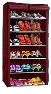 GO HOOKED 6 Layer Multipurpose Portable Folding Shoes Rack/Shoes Shelf/Shoes Cabinet with Wardrobe Cover, Easy Installation Stand for Shoes (Pack of 1) (Maroon) (Metal & Non-Woven Fabric). Metal Shoe Stand