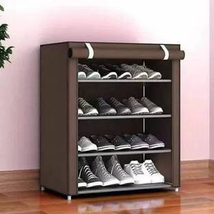 ks creation 4 Layer Multipurpose Folding Shoes Rack Cabinet with Wardrobe Cover { Red} Plastic Collapsible Shoe Stand