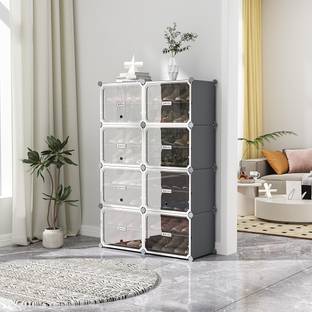 Keekos 16-Shelf-8-Door Plastic Cubort Shoe Rack Metal Collapsible Shoe Stand