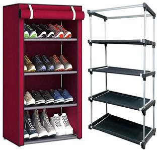QURACK Multipurpose 4 Tiers Shoe Rack with Zip Door Cover&Side Pockets,Multiuse Storage Plastic Shoe Stand