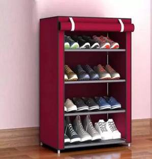 ks creation 4 Layer Multipurpose Folding Shoes Rack Cabinet with Wardrobe Cover { Red} Plastic Shoe Stand