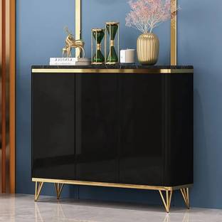 NG Decor Modern Black 3 Doors Shoes Storage Cabinet with 8 Shelves 20 Pairs in Gold Engineered Wood Shoe Rack