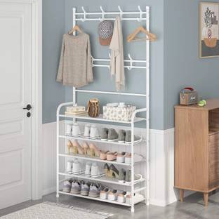 ADA 5-Tier Shoe Storage Organizer Rack Stand with 8 Hanger Hooks, Cloth Garment Rack Metal Collapsible Shoe Stand