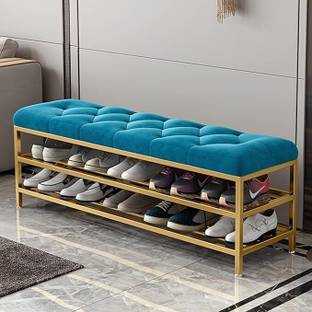 FlipsShoppee 2-Tier Metal Shoe Rack Bench With Cushion Seat And Golden Iron Frame Metal Shoe Rack