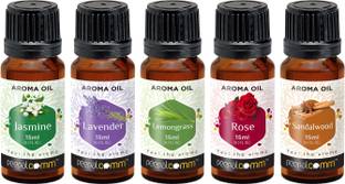 PeepalComm Jasmine, Lavender, Rose, Sandalwood, Lemongrass Aroma Oil Aroma Diffuser Oil (Rose, Lavender, Lemongrass,Jasmine and Sandalwood), 15ml Each, Multicolour - Set of 5
