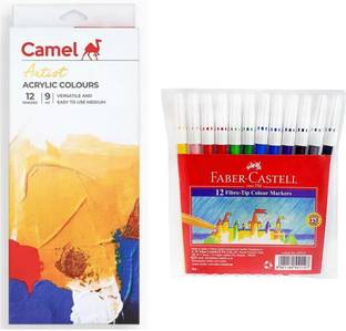 Camel ARTIST ACRYLIC COLOUR 12 SHADES X 9 ML EACH + FABER CASTELL 12 SKETCH PEN