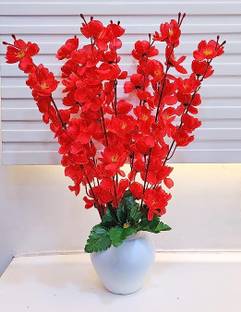 Real PBR Artificial Flowers for Decoration with Pot, Home Decor, Office Decor, Red Cherry Blossom Artificial Flower  with Pot