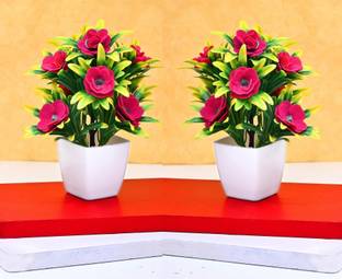 NERAPI Set of 2 Beautiful Wild Looking Pink Bonsai RoseFlower Perfect Decorative Piece| Pink Wild Flower Artificial Flower  with Pot