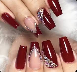 The NailzStation nails artificial nail fake designer press on extension with design glue studded Maroon